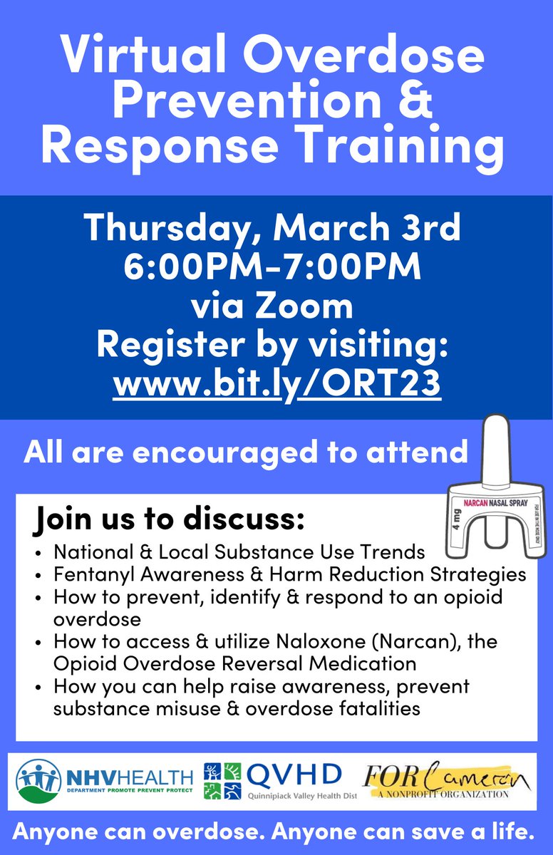 NHVPublicHealth's tweet photo. Please join Quinnipiack Valley Health District and For Cameron for a virtual #OverdoseResposneTraining on March 3rd, 6:00-7:00pm
#PreventOverdoses #HelpSaveaLife #Narcan
@MaritzaBondmph https://t.co/ADRTw8w3N1