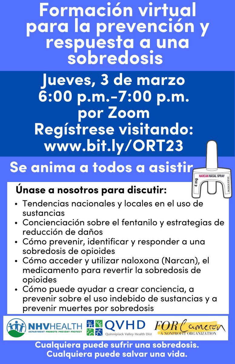 NHVPublicHealth's tweet photo. Please join Quinnipiack Valley Health District and For Cameron for a virtual #OverdoseResposneTraining on March 3rd, 6:00-7:00pm
#PreventOverdoses #HelpSaveaLife #Narcan
@MaritzaBondmph https://t.co/ADRTw8w3N1