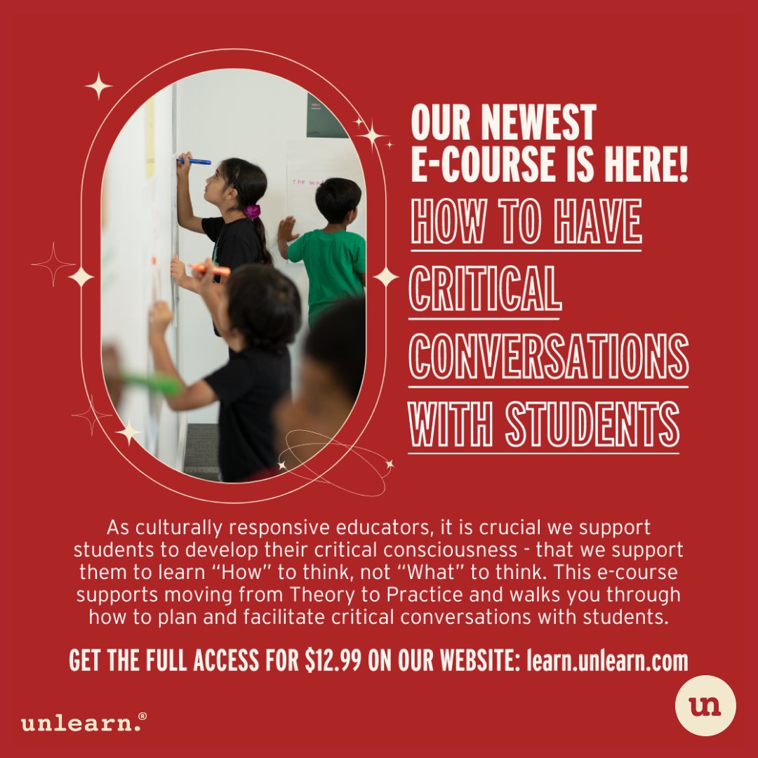 unlearn_com's tweet photo. We recently launched our newest e-course: How to Have Critical Conversations with Students! Purchase now for $12.99 on our website https://t.co/QjWk3kf1dW!

#education #educators #school #teachers #students #EducationForAll #ecourse https://t.co/a5vPDvFhlV
