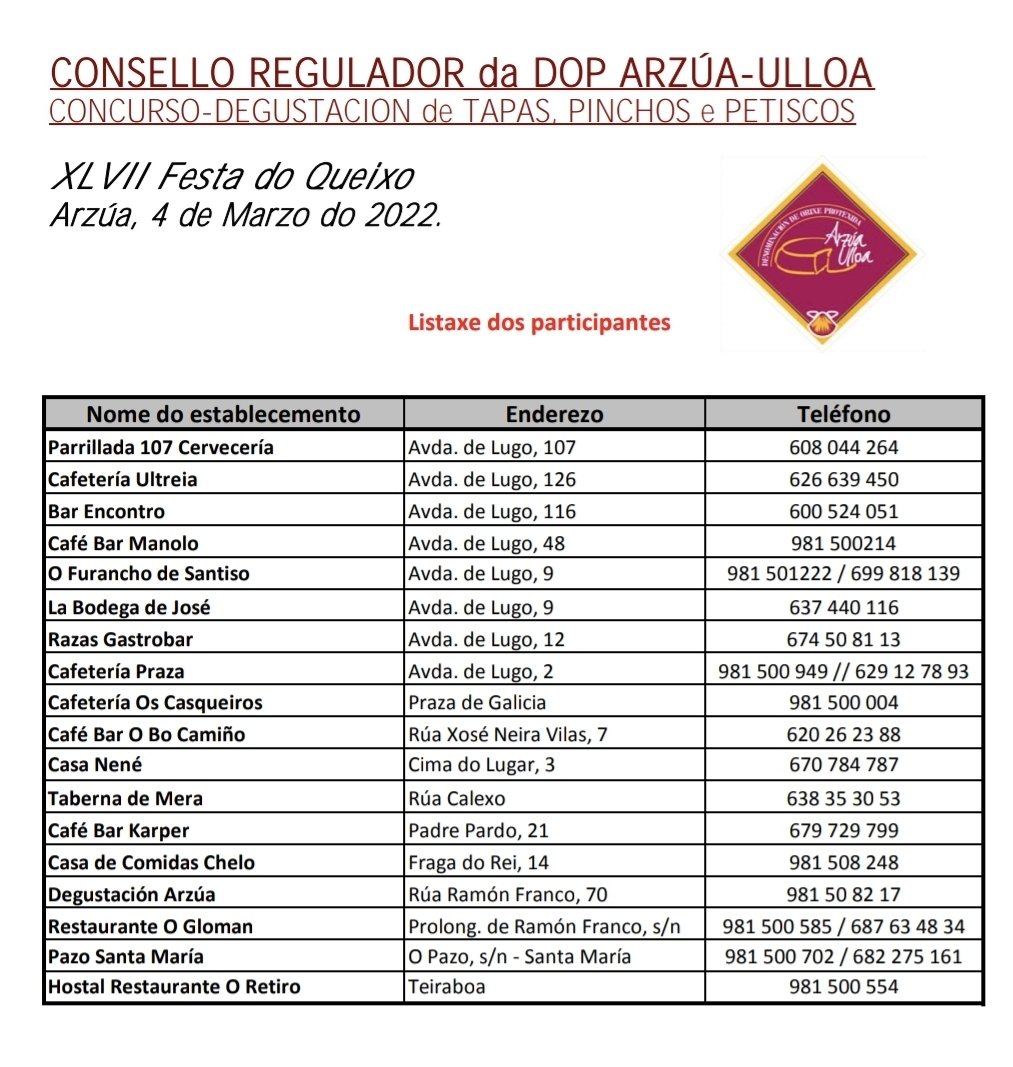 Mañá, 4 de Marzal, concurso de pinchos, tapas e petiscos en #Arzúa con queixo #DOP Arzúa-Ulloa.
Actividade promovida polo Consello Regulador.

#Queixo #Queso #ArzúaUlloa
#QueixoGalego #QuesoGallego #Tapas #Galicia
#Queixo2022  #XLVIIFestaDoQueixo #47FestaDoQueixo
<a href="/festaqueixo/">festaqueixo</a>