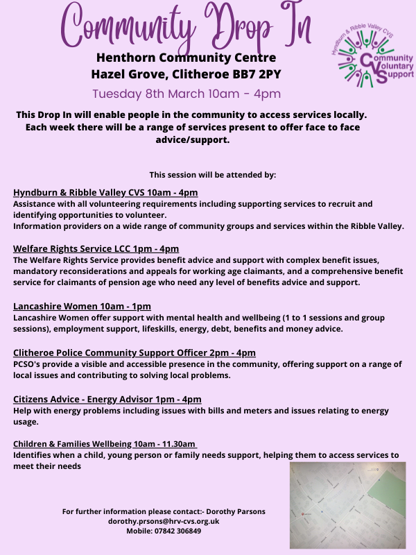 THE_HRVCVS's tweet photo. A range of services will be present again on Tuesday 8th March to offer support to local people @THE_HRVCVS @RibbleValleyBC @CarersLinkLancs @LancashireWomen @Onward_Homes https://t.co/jtjNQBhCBu