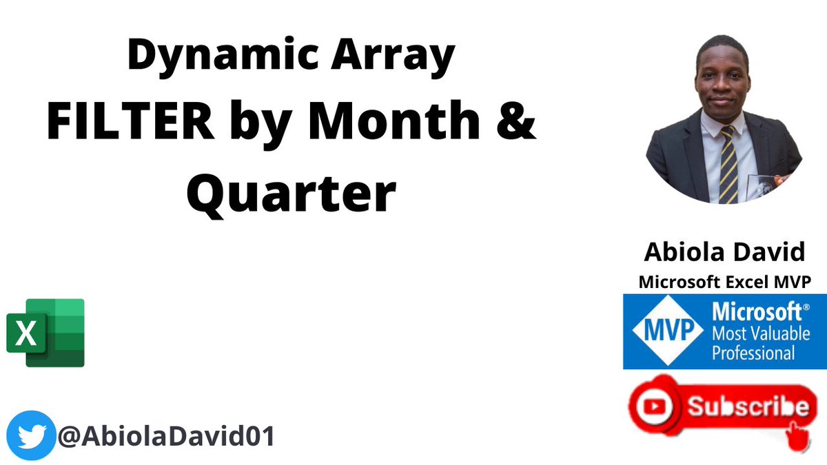 AbiolaDavid01's tweet image. Amazing technique to filter dataset by month and quarter using the elegant Dynamic Array FILTER Function
YouTube Video Link: youtu.be/dLg7Na6is2k
#MicrosoftExcel #FilterFunction