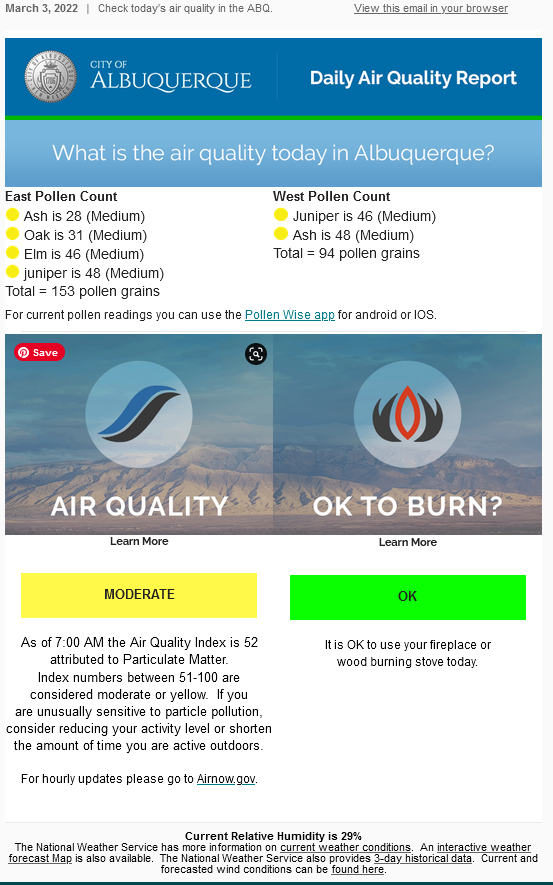 CABQAir's tweet photo. How’s the air today in ABQ?
• Today’s Air Quality is MODERATE for particulate matter
• Tomorrow’s Air Quality Forecast is GOOD
• Juniper pollen is MEDIUM
• OK to Burn?  YES, (Stove/Fireplace Only)
#cabq @MayorKeller @cabq
https://t.co/a81vFnXBN4 https://t.co/KhtLck2ttq