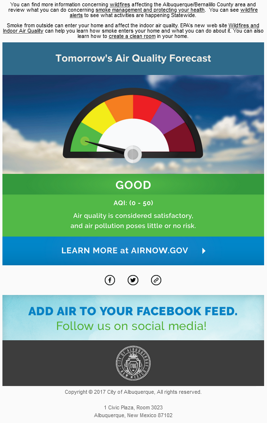 CABQAir's tweet photo. How’s the air today in ABQ?
• Today’s Air Quality is MODERATE for particulate matter
• Tomorrow’s Air Quality Forecast is GOOD
• Juniper pollen is MEDIUM
• OK to Burn?  YES, (Stove/Fireplace Only)
#cabq @MayorKeller @cabq
https://t.co/a81vFnXBN4 https://t.co/KhtLck2ttq