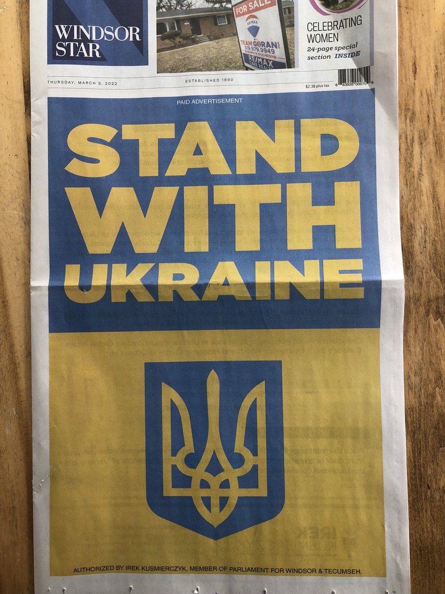 Slava Ukraini! This is front page of today’s ⁦<a href="/TheWindsorStar/">The Windsor Star</a>⁩, paid for by #Windsor-Tecumseh MP ⁦<a href="/Irek_K/">Irek Kusmierczyk</a>⁩. Includes inside page info on how to help.