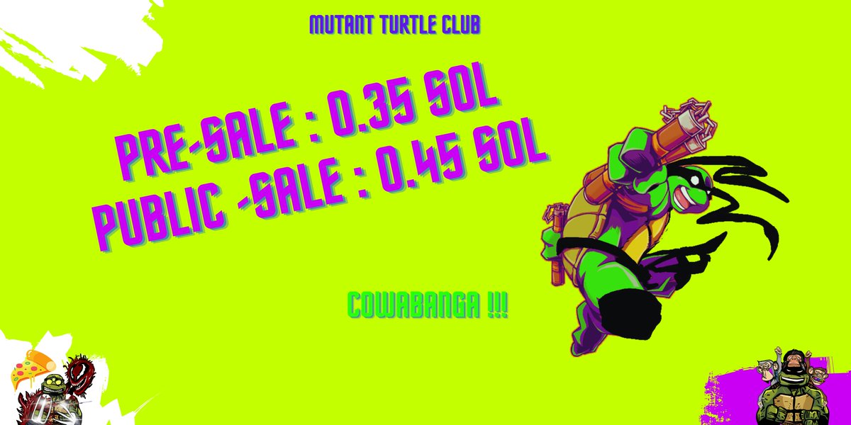 Mturtleclub's tweet photo. 👀!!!!!
The market dipped but we stick to our promises to keep mint prices cheap &amp; affordable because we want more artists to start creating !!! 
LFG 🚀 !! 
SUPPLY : 3333 ! 
#nftart  #NFTCommunity https://t.co/x38iWGPtft