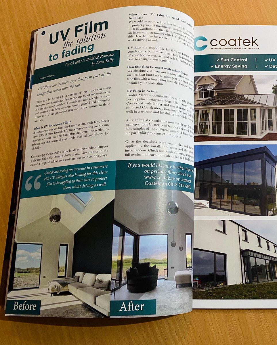 CoatekGlassCoat's tweet photo. The latest edition of Build and Renovate Magazine is out now! Pick up a copy to read all about UV Film and our recent project with Sandra from Our South Galway Build
#irishconstruction #selfbuildireland #selfbuild #UVfilm #windowfilm #antifade #homerenovations #homedesign https://t.co/vsRZpYyrry