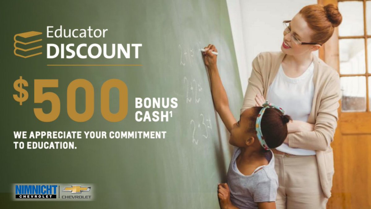 If you are an employee of a public school, private school, college or university take advantage of our Educator Discount! Enjoy special pricing below MSRP on the purchase or lease of eligible vehicles, with our appreciation! nimnichtchevy.com/chevrolet-educ…
#nimnichtchevy #Discounts #save