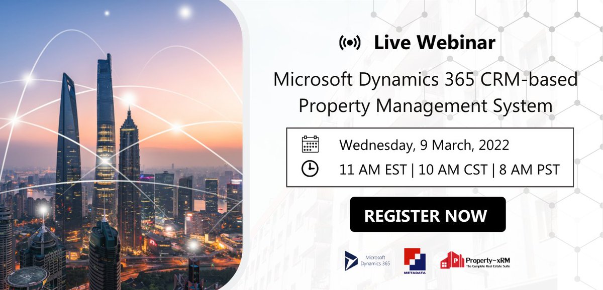 MetadataCorp's tweet photo. Join us on Wednesday, the 9th of March where we explore how a Microsoft Dynamics 365 CRM-based Property Management Solution can benefit Real Estate companies.

Save your seats: https://t.co/2OhnWOE9rX

#CRM #PropertyManagementSystem #webinar #Dynamics365 #propertyxrm https://t.co/5x1M3geODC