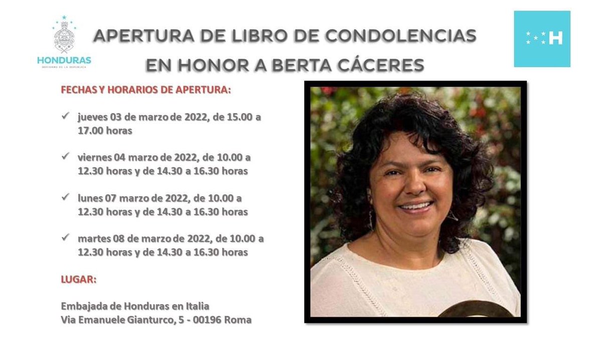 Embajada_HN_IT's tweet photo. Apertura de Libro de Condolencias en la Embajada de Honduras en Italia en honor a #BertaCaceres @CancilleriaHN https://t.co/ELOo27Dxbw