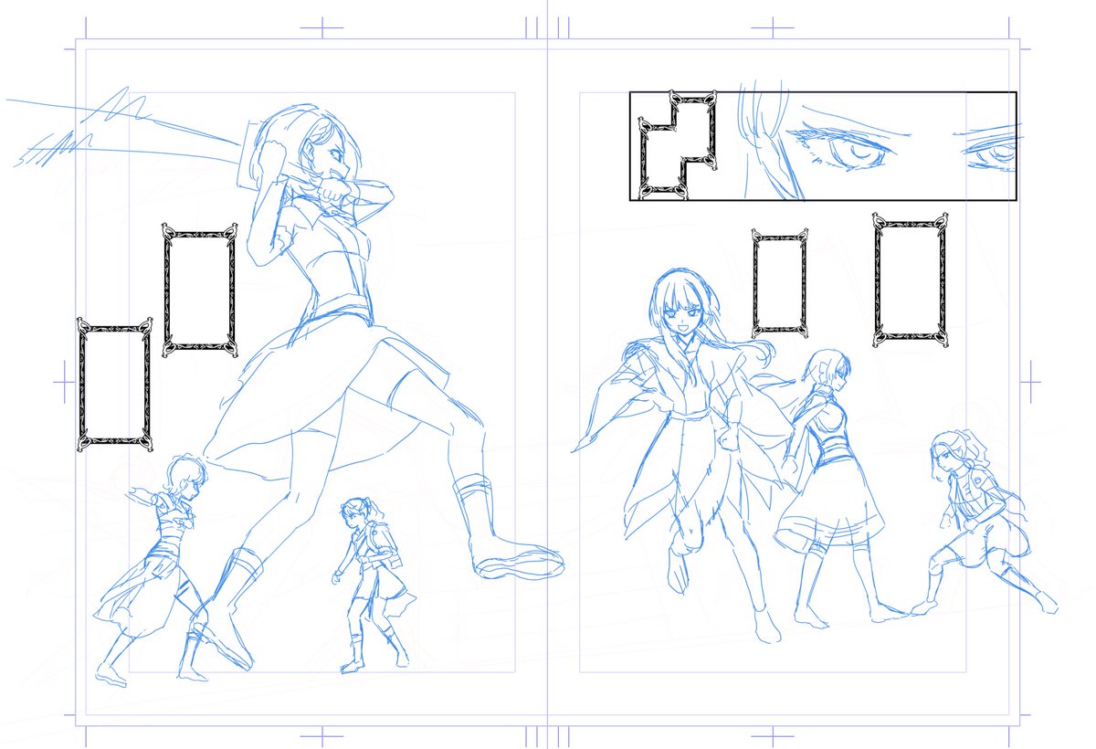 月ブシで紹介されたワンカットの線画、下書き、ネームー  『#スタァライト #青嵐 BG』上巻発売中! 3月8日発売の #月ブシ 4月号は、 1話まるまる「BLUE ANTHEM」回!! その作業途中の線画を公開中!