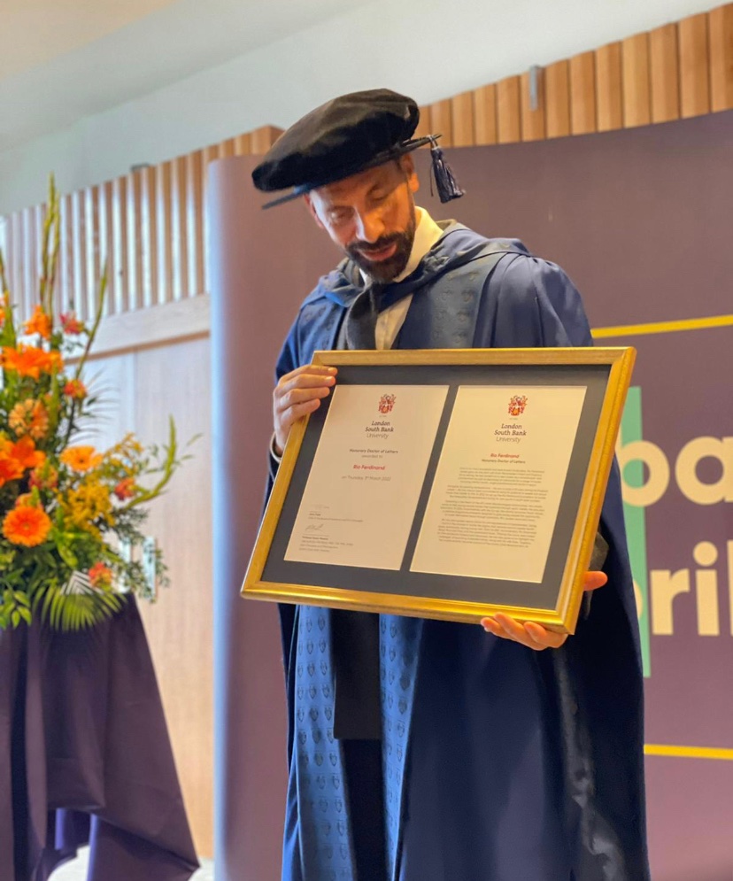 riofoundation's tweet photo. Our Founder @rioferdy5 was today honoured with an honorary doctorate from @LSBU for his social campaigning work and advocacy in South London and beyond. Congratulations Rio and thanks to everyone at London South Bank University 👏👏👏 https://t.co/OMqLFy6Edt
