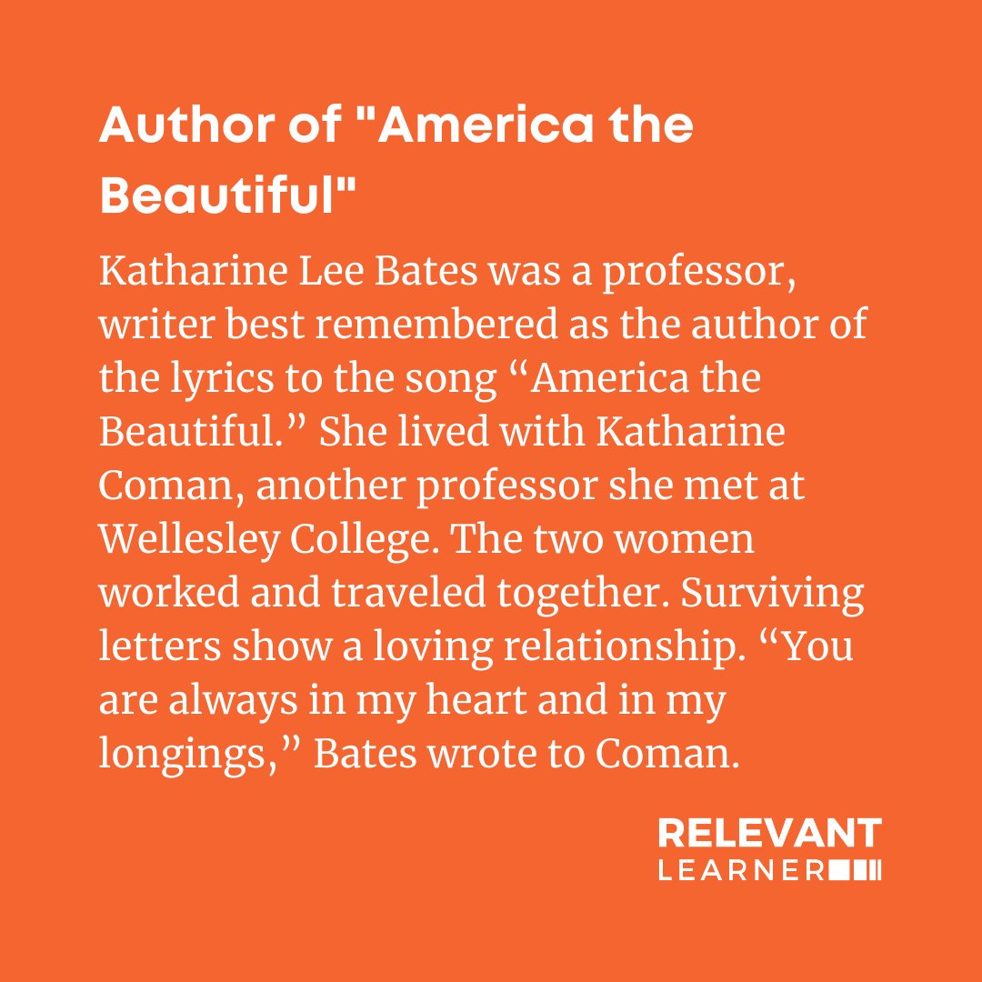 relevantlearner's tweet image. Katharine Lee Bates, who wrote “America the Beautiful”was also a lesbian in a 30-year committed relationship. #womenshistorymonth #herstory #WHM #relevantlearner #culturallyresponsive #culturallyresponsiveteaching #culturallyrelevant #inclusiveeducation #diversecurriculum
