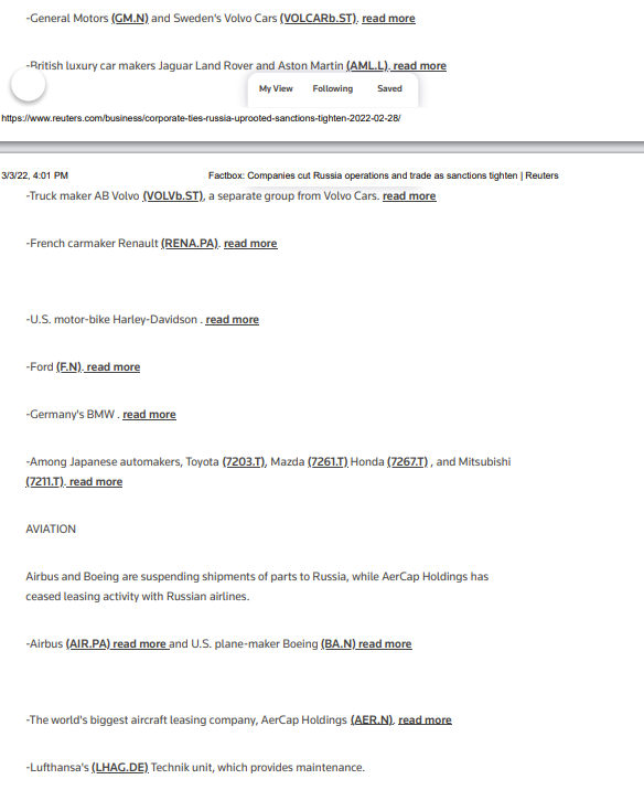 lugaricano's tweet image. No sólo es Sánchez. También nuestras empresas van detrás. 

Abandonan Rusia la moda, de H&amp;amp;M a Adidas; industriales de BMW a Airbus; energía de BP a Shell; tecnológicas de Apple a Oracle, etc. 

NINGUNA empresa española. ¿Dónde están Inditex, Repsol, etc.?

reuters.com/business/corpo…