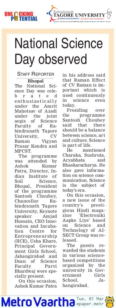 RNTUnivBhopal's tweet photo. Rabindranath Tagore University celebrated #NationalScienceDay under the joint aegis of Amrit Mahotsav of Azadi & #FacultyofScience, #RNTU, MPCST, & C.V Raman Vigyan Prasar Kendra. The program was attended by RNTU. Mr. Santosh Choubey, the Founder of #AISECTGroup. https://t.co/yizbkWmZpm