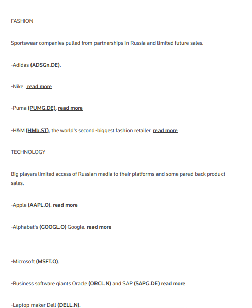 lugaricano's tweet image. No sólo es Sánchez. También nuestras empresas van detrás. 

Abandonan Rusia la moda, de H&amp;amp;M a Adidas; industriales de BMW a Airbus; energía de BP a Shell; tecnológicas de Apple a Oracle, etc. 

NINGUNA empresa española. ¿Dónde están Inditex, Repsol, etc.?

reuters.com/business/corpo…