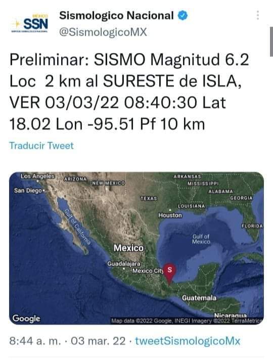 🔴Preliminar: SISMO Magnitud 6.2 Loc. 2 km al SURESTE de ISLA, VER 03/03/2022 08:40:30 Lat 18.02 Lon -95.51 Pf 10 km