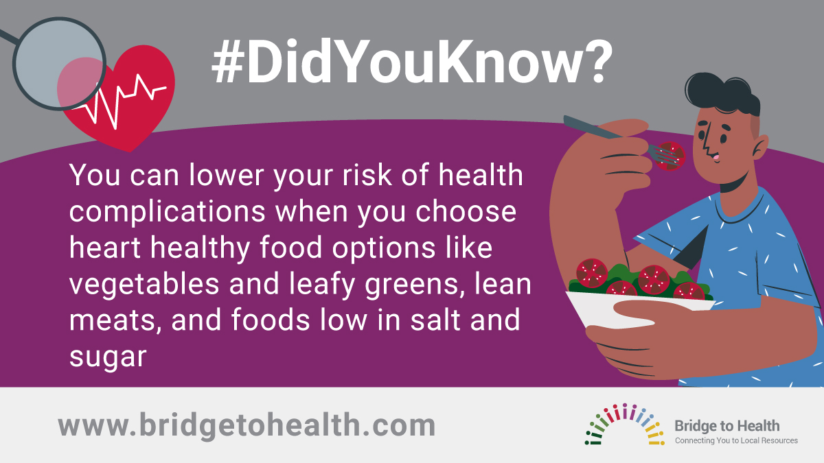 #DidYouKnow that you can lower your risk of a variety of health complications when you choose #HeartHealthy food options? Check out our tips below to get started! bridgetohealth.com/helpful-materi…