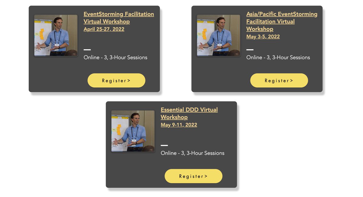 🚨 UPCOMING EVENTS! 🚨

⭐️ #EventStorming Facilitation Virtual Workshop: April 25-27, 2022
⭐️ Asia/Pacific EventStorming Facilitation Virtual Workshop: May 3-5, 2022
⭐️ Essential DDD Virtual Workshop: May 9-11, 2022

Early bird 🎟s available now! virtualgenius.com/events #EDDD