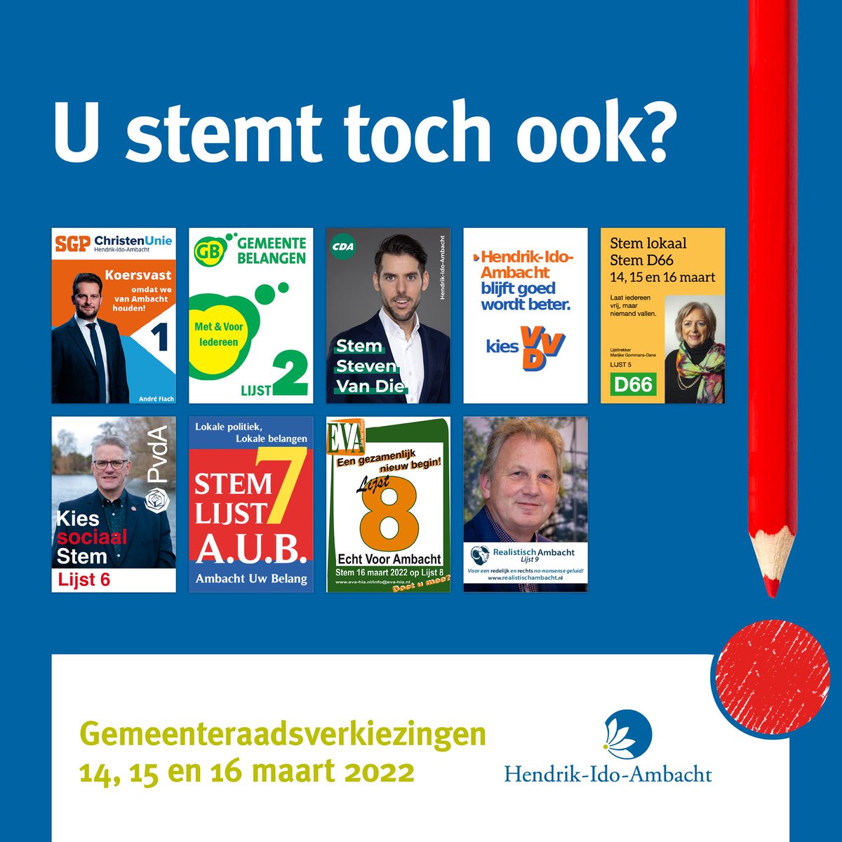 📣 📆 Debat! 

Donderdag 10/3 gaan de lijsttrekkers van alle Ambachtse politieke partijen met elkaar in debat over diverse stellingen. Hoe denken zij over Ambacht, wat zijn hun ideeën voor Ambachts toekomst?

Je ziet en hoort het via hendrikidoambacht.raadsinformatie.nl