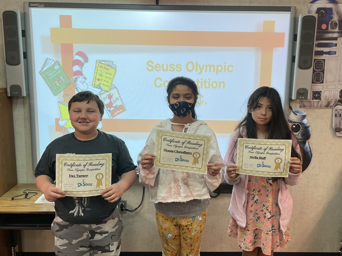 Let’s give it up to Team Divoky!  We came in 1st Place by 1 point in the SOC (Seuss Olympic Competition).   #minshewcolts #mckinneyisd #ReadAcrossAmericaDay