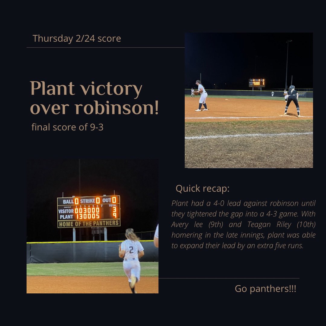 Emily (@emily_azevedo__) on Twitter photo Congrats to the Plant Panthers softball team for the W over Robinson!! quick game recap below. <a href="/mrsjenisegorman/">Dr. Jenise Gorman</a> #phssocialmedia Congrats to the Plant Panthers softball team for the W over Robinson!! quick game recap below. <a href="/mrsjenisegorman/">Dr. Jenise Gorman</a> #phssocialmedia