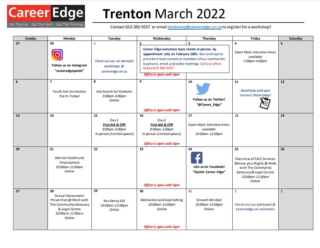 TRENTON March workshops are HERE!

Check out our workshop calendar at careeredge.on.ca/events/

Ready to register?!

Give us a call at 613-392-9157 or email taralynnp@careeredge.on.ca!

#careeredge #gettheedge #getthejob #getthestaff #getthetraining