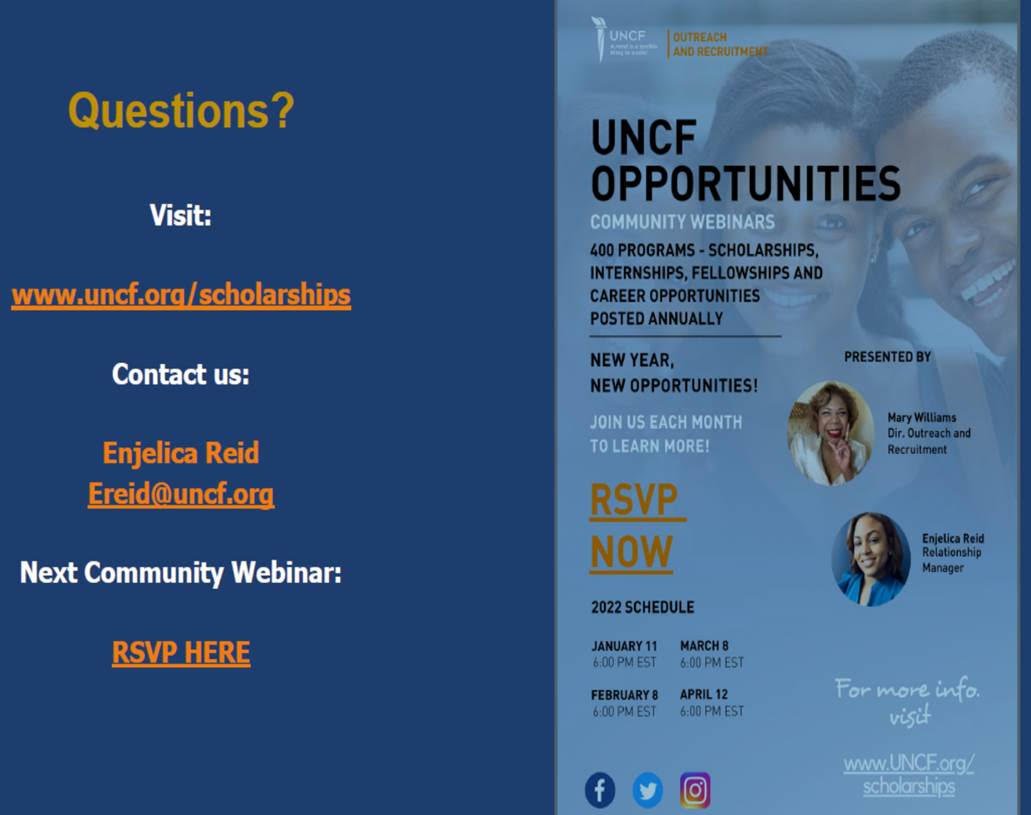 The UNCF General Scholarship deadline is March  31, 2022 for the current award year!  Apply NOW!  Also, join UNCF on March 8, 2022 and April 12, 2022 for their monthly updates regarding Scholarships and Internships. Follow <a href="/dufinancialaid/">DU Financial Aid</a> for more information!