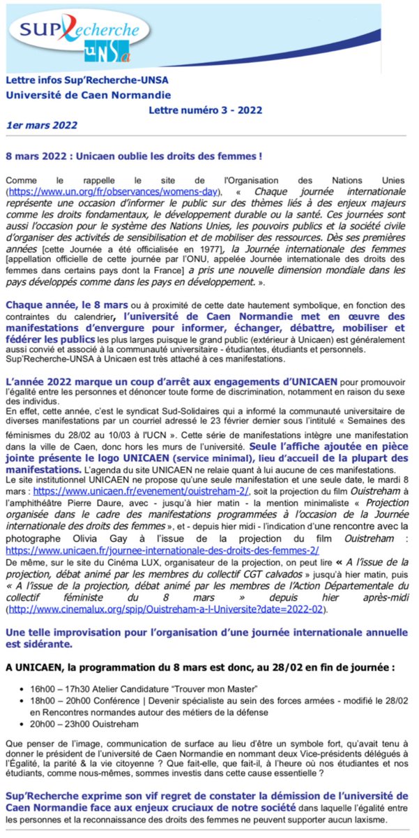 Lettre n°3/2022 - 8 mars 2022 : <a href="/Universite_Caen/">Université de Caen Normandie</a> oublie les droits des femmes !