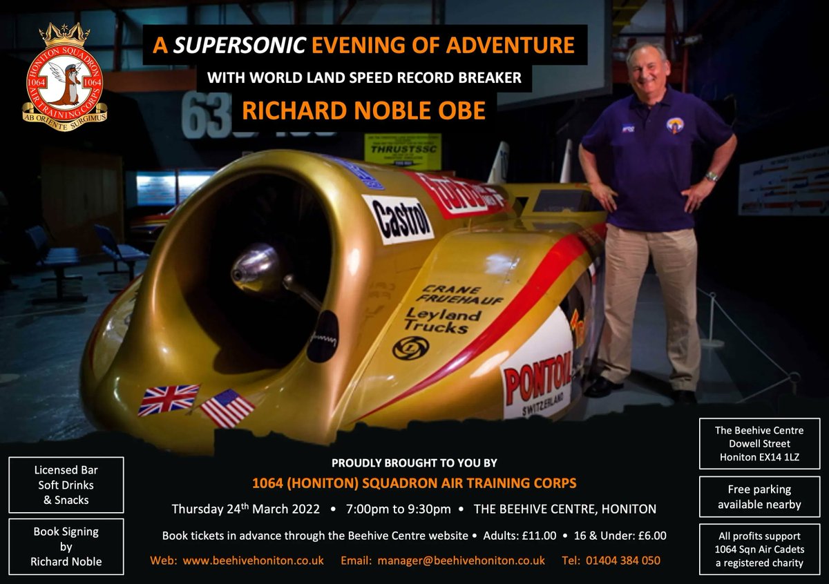 Beehive Honiton (@beehivehoniton) on Twitter photo Later this month, World Land Speed Record breaker Richard Noble OBE <a href="/RichardNobleSSC/">Richard Noble</a> will be giving a fund-raising talk in support of 1064 (#Honiton) Squadron Air Training Corps. Find out more - buff.ly/35LfW4D Later this month, World Land Speed Record breaker Richard Noble OBE <a href="/RichardNobleSSC/">Richard Noble</a> will be giving a fund-raising talk in support of 1064 (#Honiton) Squadron Air Training Corps. Find out more - buff.ly/35LfW4D
