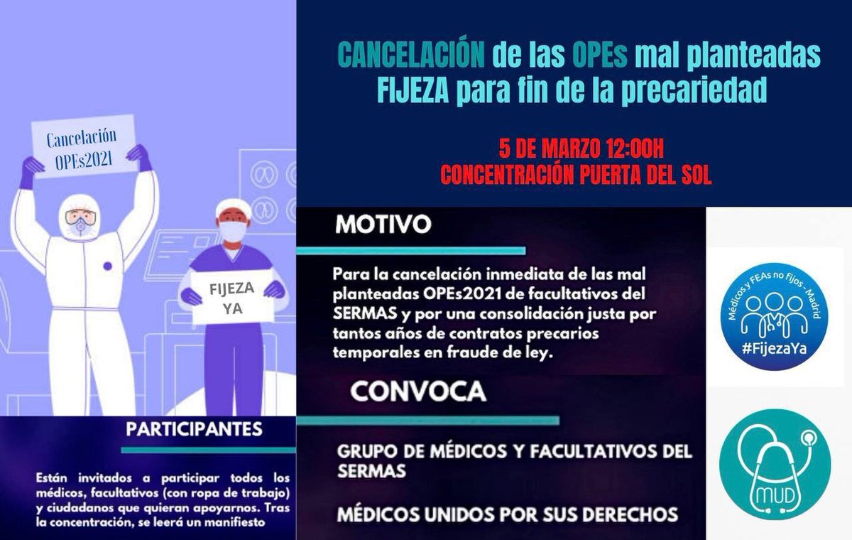 ¿Y si llegaras a tu consulta de #TrasplantePulmonar y tu especialista que te ha acompañado todos estos años ha desaparecido? El 50% de los médicos de la <a href="/ComunidadMadrid/">Comunidad de Madrid</a> son temporales en fraude de ley. Apóyanos!!! #FijezaMedicosFEA #StopOPEmedicosFEA <a href="/PulmonMadridTX/">PulmónMadridTX</a>