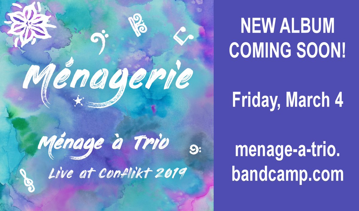 Ménage à Trio has a new album coming tomorrow! 
@DrMaryCCrowell &amp; @infamousfiddler joined us for this concert; all tracks were improvised live onstage from audience prompts (Lobster Lullaby, Whooping Whisky Waltz &amp; more). Tracks/details: menage-a-trio.com <a href="/solcita/">pacha🥷</a> <a href="/ryuuaja/">Alexander J Adams🆕to WI</a>