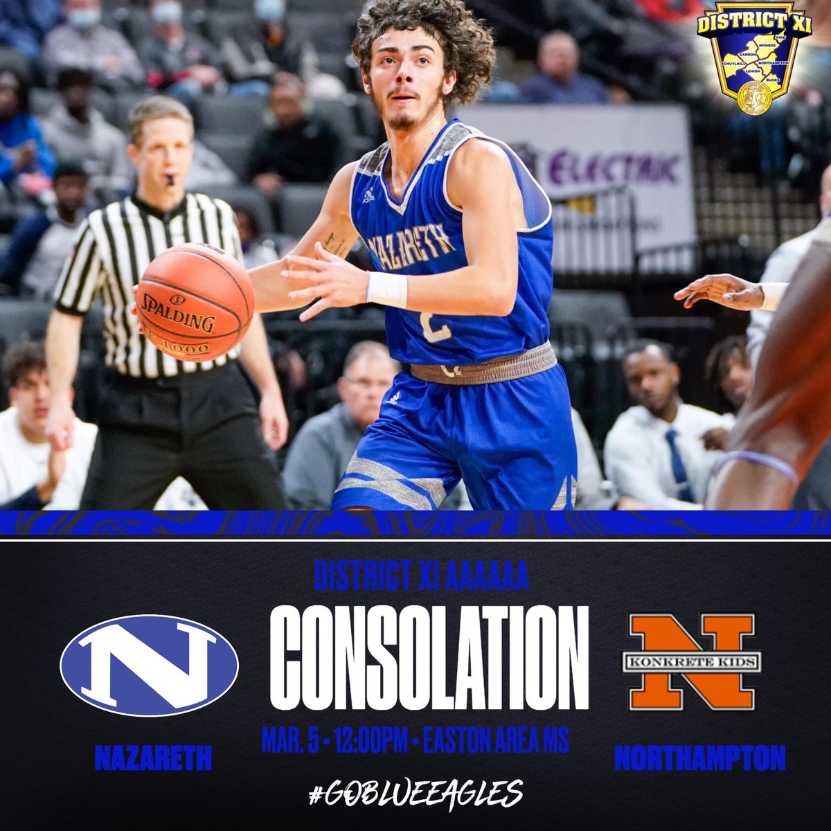 <a href="/NAZhoops/">Nazareth Basketball</a> will play Northampton on Saturday, 3/5 at 12:00pm at Easton MS. The winner advances to the PIAA 6A State Tournament! Tickets available at (65+ free with ID):
districtxi.hometownticketing.com/embed/all

#GoBlueEagles