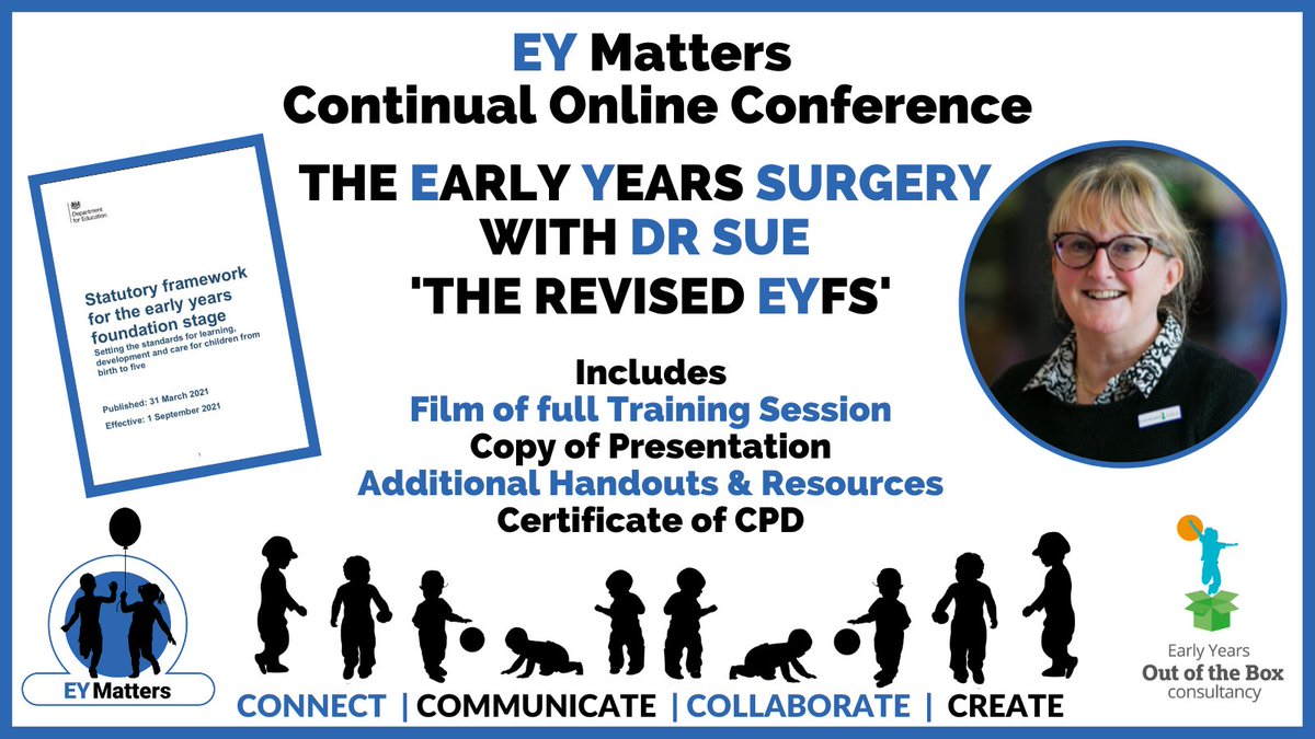 Keep up to date with DrSue22 in our special #EYMatters #EYSurgery on the Revised EYFS. Full training session, copy of presentation, handouts and resources all included for just £5! #EarlyYears #EYFS bit.ly/3t2ZXXt