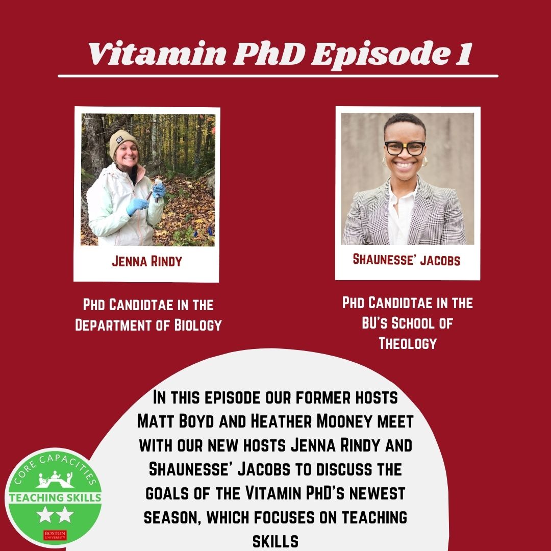 BU_PhDs's tweet photo. Vitamin PhD is back! Check out the first episode of season 7 and hear hosts old and new discuss the core capacity of teaching skills Listen in at the link in our bio ⬆️
#phdpd #VitaminPhD #phdadvice #teachingskills https://t.co/nGqILEqq5U