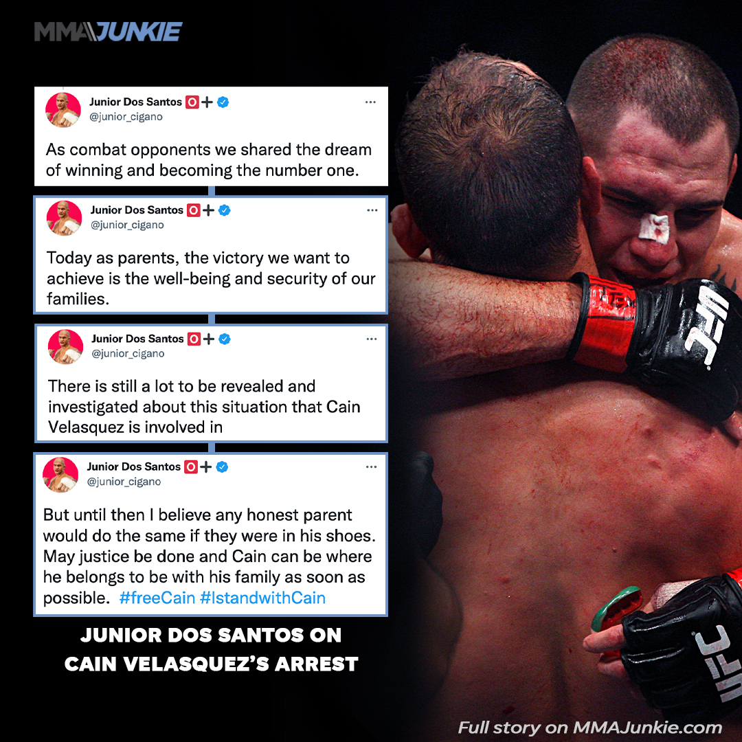 MMAJunkie's tweet photo. Cain Velasquez's most storied UFC rival, Junior Dos Santos, stands up for him.

More reactions: https://t.co/hIOrx0KRxZ https://t.co/4N4NLinthE
