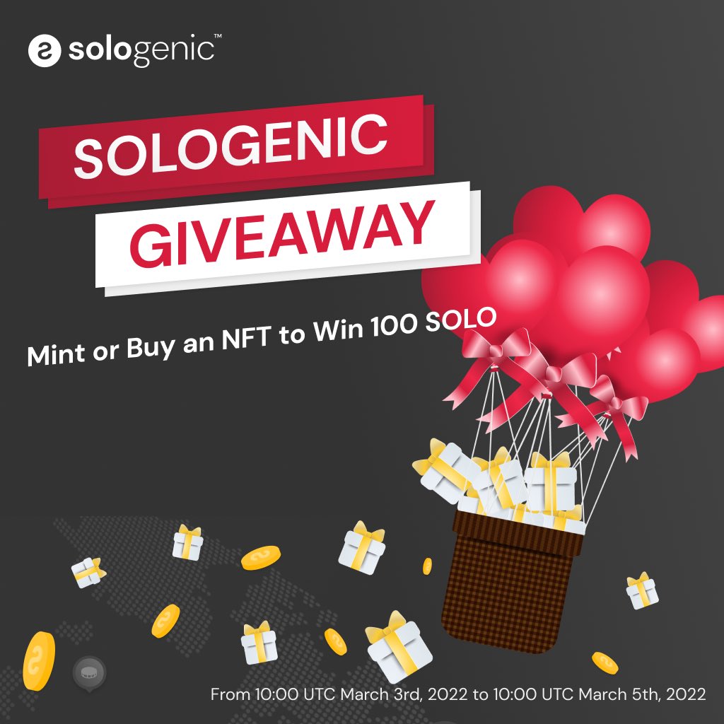 #NFTGiveway 100 USD in SOLO🤩

Steps to Enter Giveaway:
- Follow <a href="/realSologenic/">Sologenic</a>
- Retweet &amp; Tag 3 Friends ☑️
- Mint or Trade at least 1 #NFT
- Provide a link to your project on the Sologenic NFT Marketplace 
in the comments only

#NFTGiveaways #NFTCommunity #NFTs #SOLO