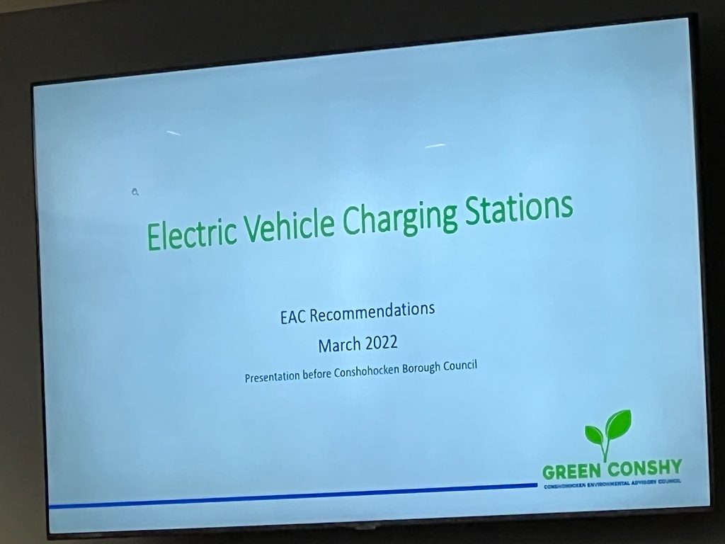 GregScottPA's tweet photo. Way to go #conshohocken - Last night the Environment Advisory Committee presented to the City Council on creating EV Charging Stations! 
#freshvision #greenconshy #electriccar #electriccharging https://t.co/D4BDpUWMms