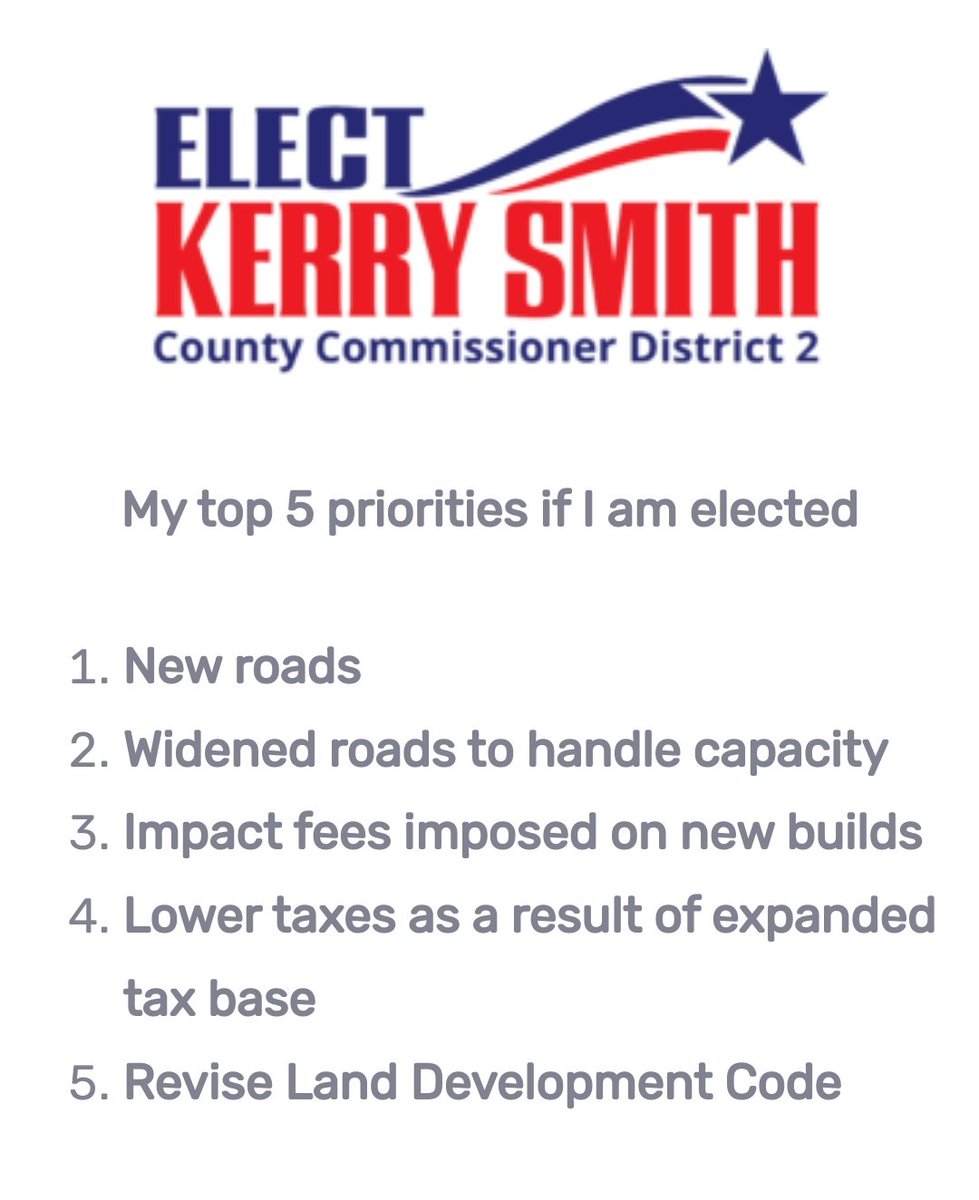 KerrySrc's tweet photo. It's no secret that we've outgrown our infrastructure, and our roads need to catch up to the growth. I have a plan to help fund those projects without overtaxing tax payers, and also to prevent the overgrowth from happening again by revising the Land Development Code. https://t.co/JHSoThleNX