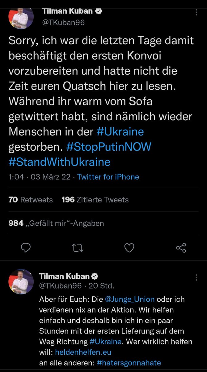 Sorry, ich war die letzten Tage damit beschäftigt den ersten Konvoi vorzubereiten und hatte nicht die Zeit euren Quatsch hier zu lesen. Während ihr warm vom Sofa getwittert habt, sind nämlich wieder Menschen in der #Ukraine gestorben. #StopPutinNOW #StandWithUkraine
