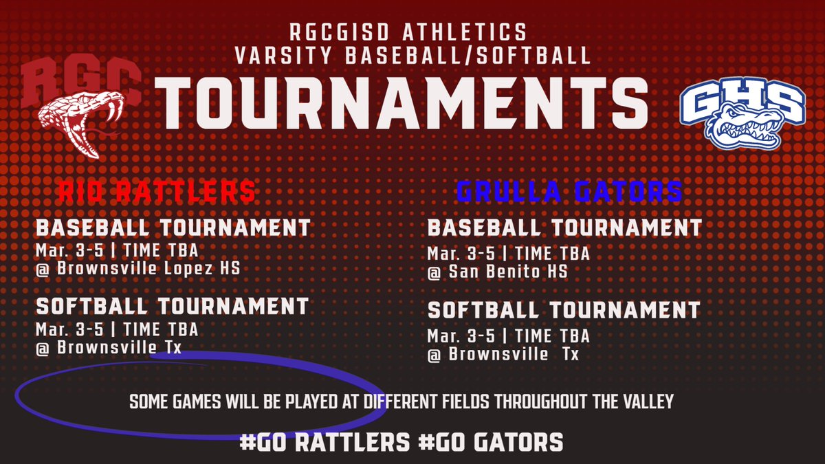 RGCGISD Athletics (@rgcg_athletics) on Twitter photo Tournament Time: Our Varsity Baseball and Softball teams continue with quality play with our Mighty Gators/Rattlers and Lady Gators/Rattlers taking to the field at different tournaments throughout the valley. Best to all of our teams.
<a href="/GrullaHS/">Grulla Gators</a> <a href="/RGCBaseball/">RGC Rattler Baseball</a> Tournament Time: Our Varsity Baseball and Softball teams continue with quality play with our Mighty Gators/Rattlers and Lady Gators/Rattlers taking to the field at different tournaments throughout the valley. Best to all of our teams.
<a href="/GrullaHS/">Grulla Gators</a> <a href="/RGCBaseball/">RGC Rattler Baseball</a>