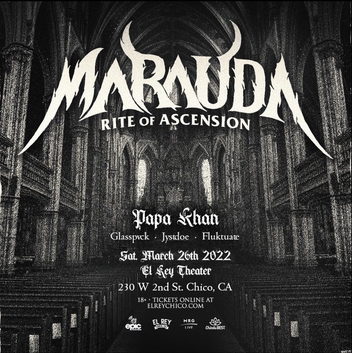 EPIC_Prod's tweet photo. Chico ain’t ready for this one! @maraudamusic taking over @ElReyChicoCA on Saturday, March 26th! W/ support from @papakhanmusic, @glasspwck, @JystDoe, &amp; @fluktuate. 

🎫: https://t.co/w7l8DjTFBf

#chicoca #chicostate #csuchico #buttecollege #csuc https://t.co/uyI03QO9Ao