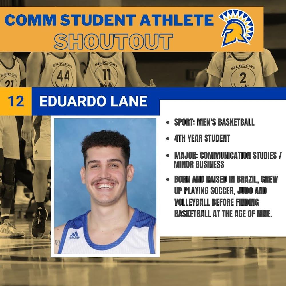 commsjsu's tweet photo. Shoutout to comm student athlete Eduardo Lane representing us out on the court AND in the classroom! #CommStudent #StudentAthlete #SJSU https://t.co/FIF3ruk6Tx