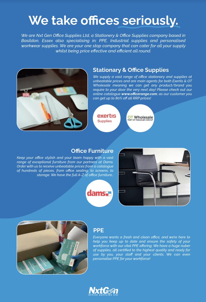 NxtGenEnterpri's tweet photo. We are Nxt Gen Office Supplies Ltd a stationery &amp; office supplies company based in Essex

Specialising in office supplies, furniture, PPE &amp; Industrial supplies, and personalised work wear

☎️02031981900
📱 07483454356
🌐 https://t.co/05URzu3j5t
📧 sales@nxtgenofficesupplies.co.uk https://t.co/bkjuMaihID