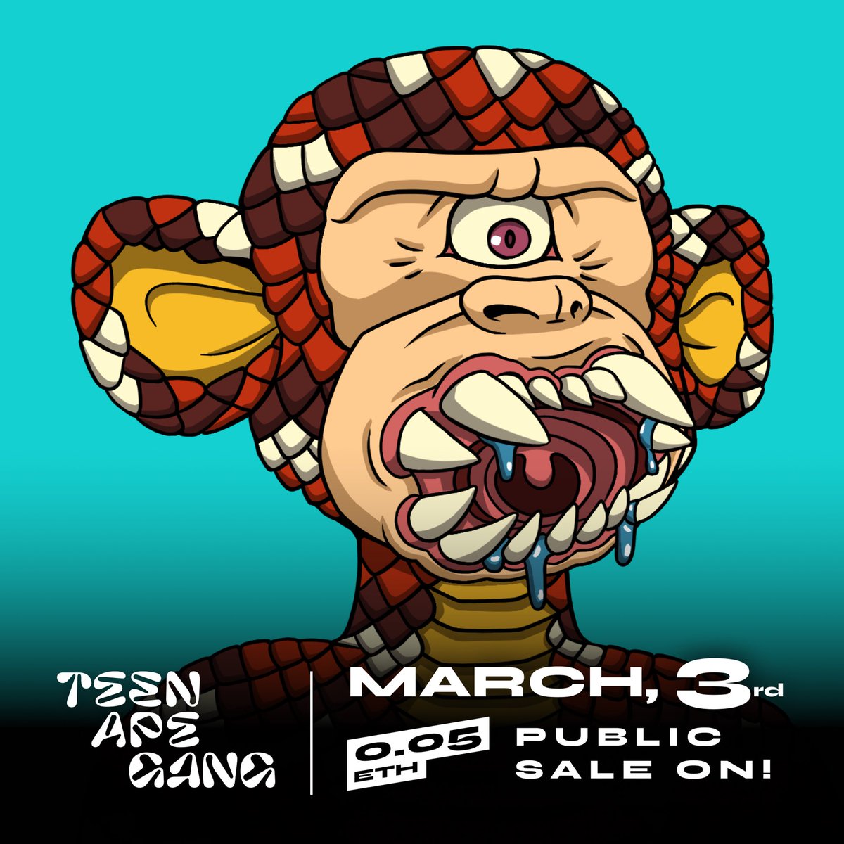 TeenApeGang's tweet photo. Public sale is on! 🔥🔥🔥🔥

It’s time to mint your own TAG Mutants.

Join our discord for info and daily giveaways https://t.co/oGgaRuqVic https://t.co/J0b8t71UsQ