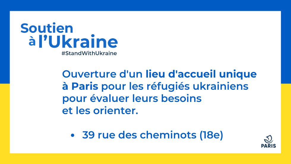leafiloche's tweet photo. 🇺🇦Nous nous mobilisons également pour les réfugiés ukrainiens qui viennent d’arriver à @Paris avec l’ouverture d’un lieu unique dédié dans le 18e. 
Ce lieu permettra d’évaluer les besoins de chacune et chacun et de les orienter au mieux. https://t.co/ialjXv1Ivw