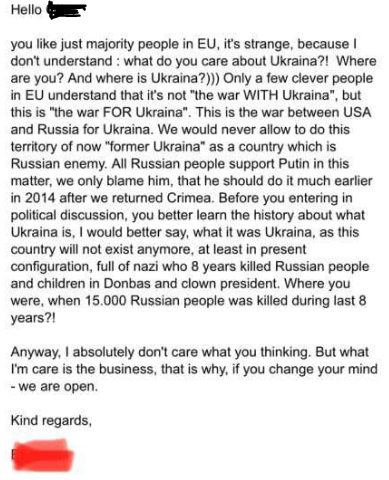Voihan Venäjä... tuttu jälleenmyyjä ilmoitti venäläiselle valmistajalle keskeyttävänsä kaupanteon Ukrainan tilanteen takia ja tässä valmistajan vastaus. Jaettu luvan kanssa. #Ukraina #Venäjä