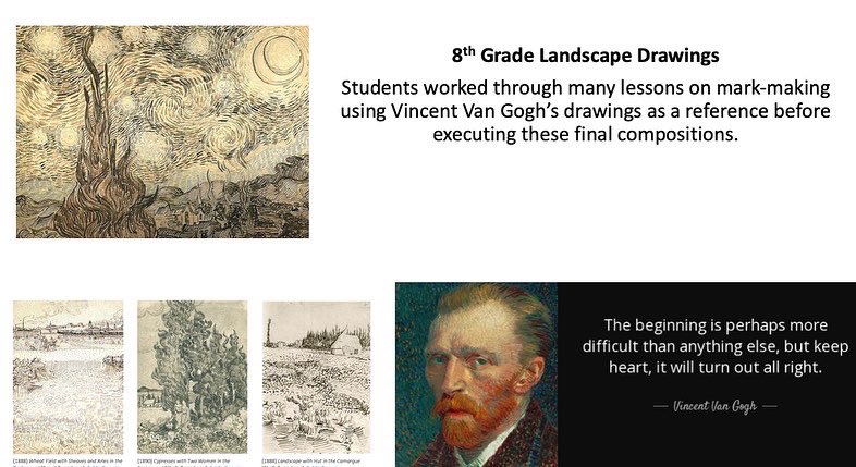 8th gr. landscape drawings! Ss spent many lessons working through mark-making exercises using Van Gogh’s drawings as a guide and reference.

@GilmanSchool #artteachers #arttherapy #mdarted #middleschool #middleschoolartlessons #middleschoolart #vangogh #landscapedrawing