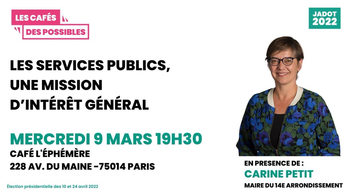 eelvparis14's tweet photo. RDV mercredi pour le prochain #CaféDesPossibles pour parler de la nécessaire reconstruction des services publics 🇫🇷💪🏼 Avec @carine_petit 🌻#jadot2022 https://t.co/DF6LEDN1O6