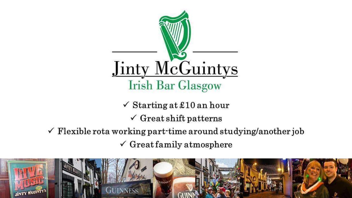 Bar work opportunity at Jinty McGuintys in Glasgow.